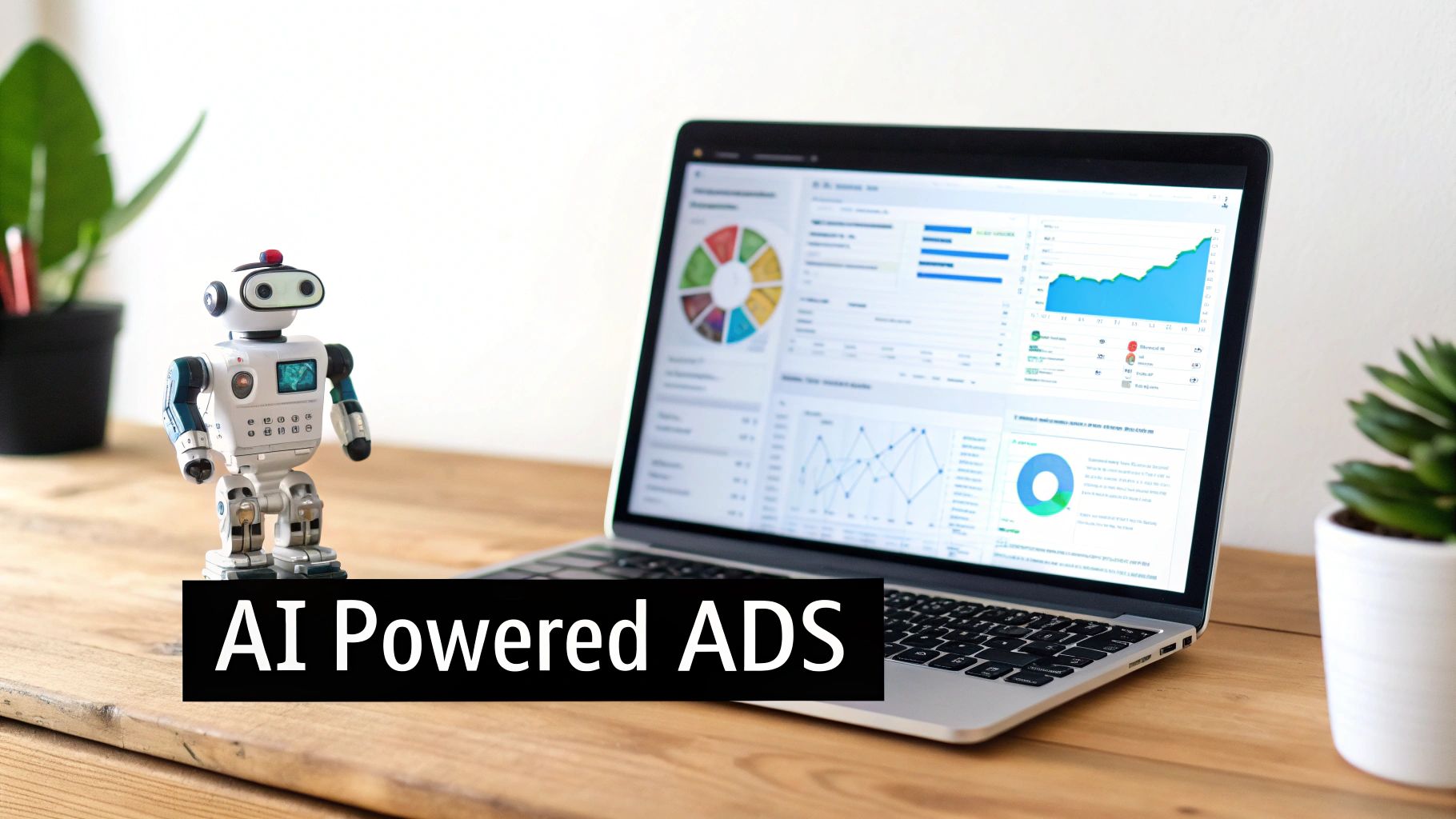 An AI robot stands beside a laptop displaying digital advertising performance charts and graphs, with "AI Powered ADS" text overlay.