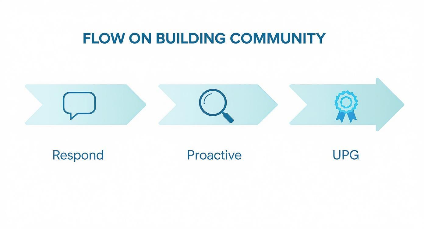 Infographic showing a three-step flow for building community: Respond, Proactive, and UPG.