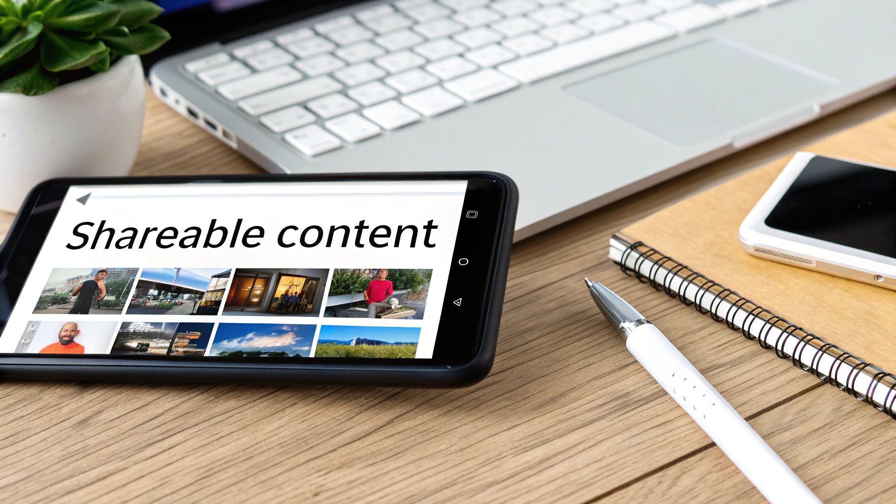A smartphone on a wooden desk displays 'Shareable content' with images, alongside a laptop, pen, and notebook.