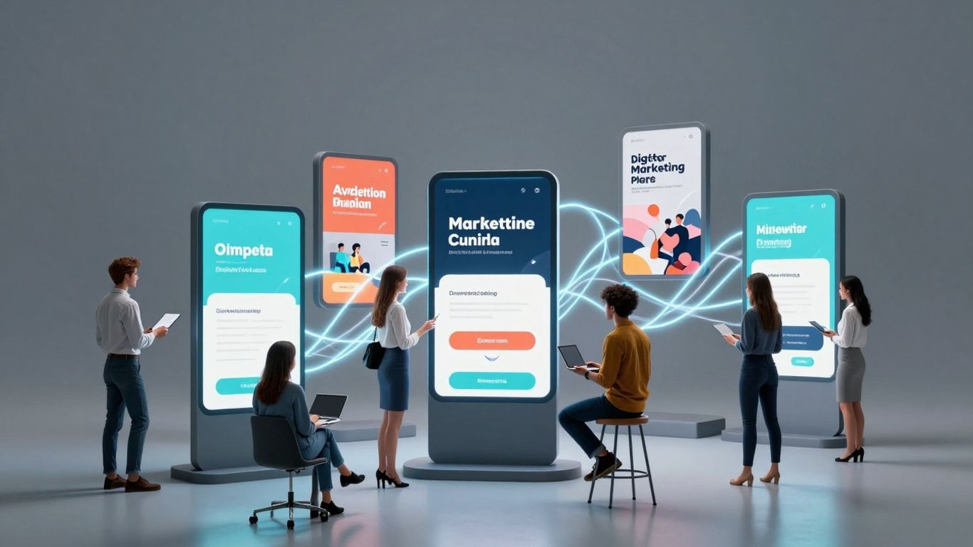 UGC advertising strategy with diverse people and glowing screens.