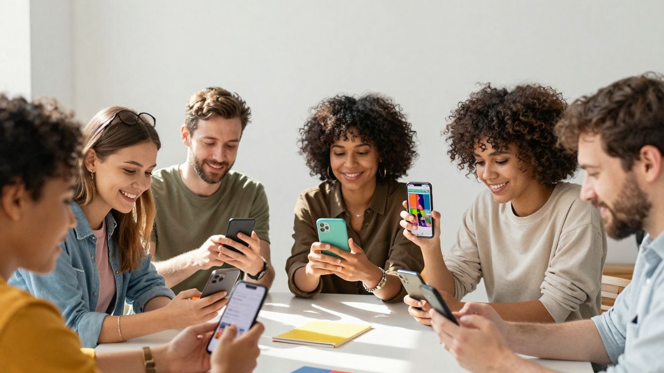 People sharing content on phones, marketing strategy.