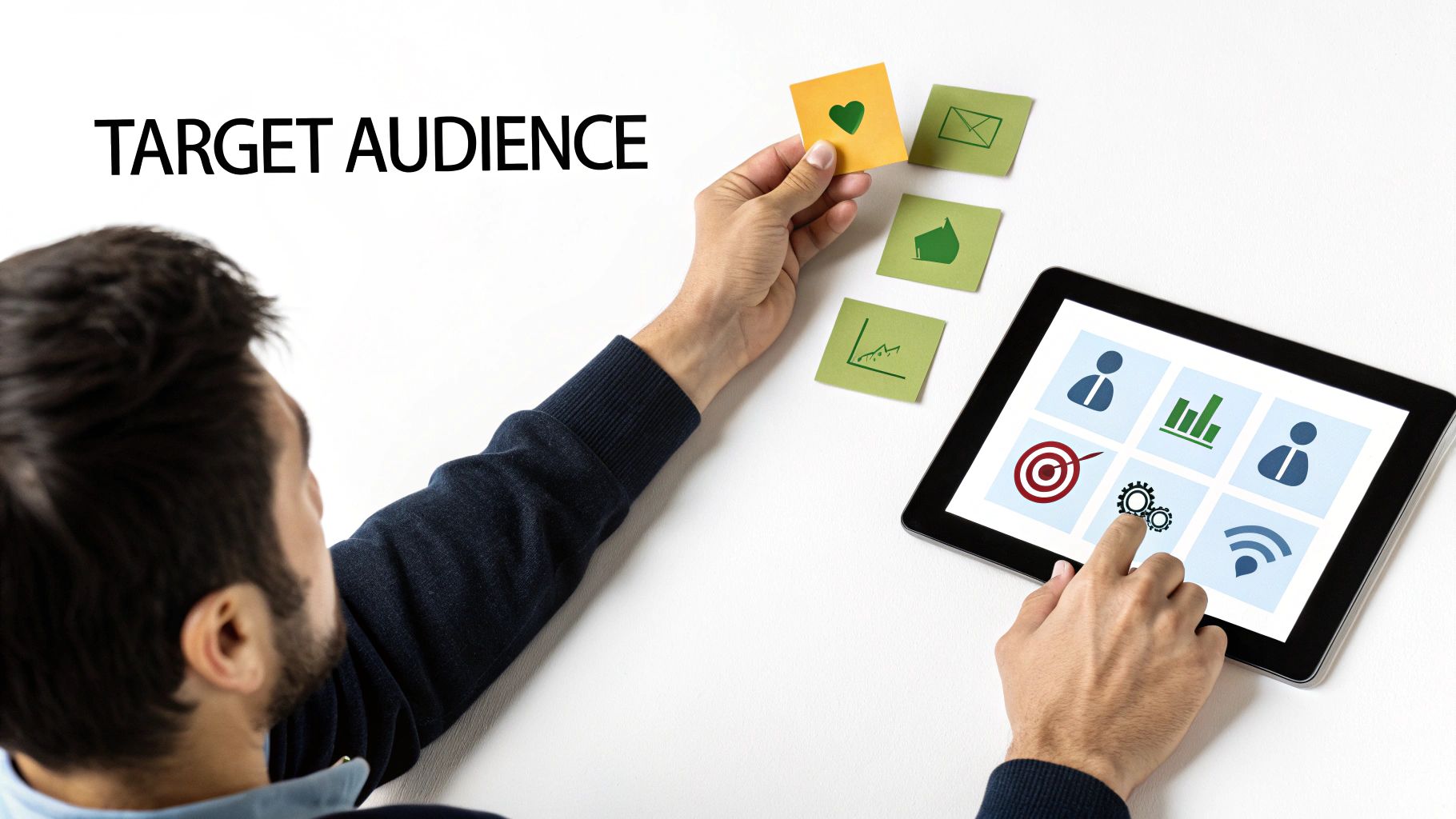A person planning target audience strategies with sticky notes and a tablet showing marketing icons.
