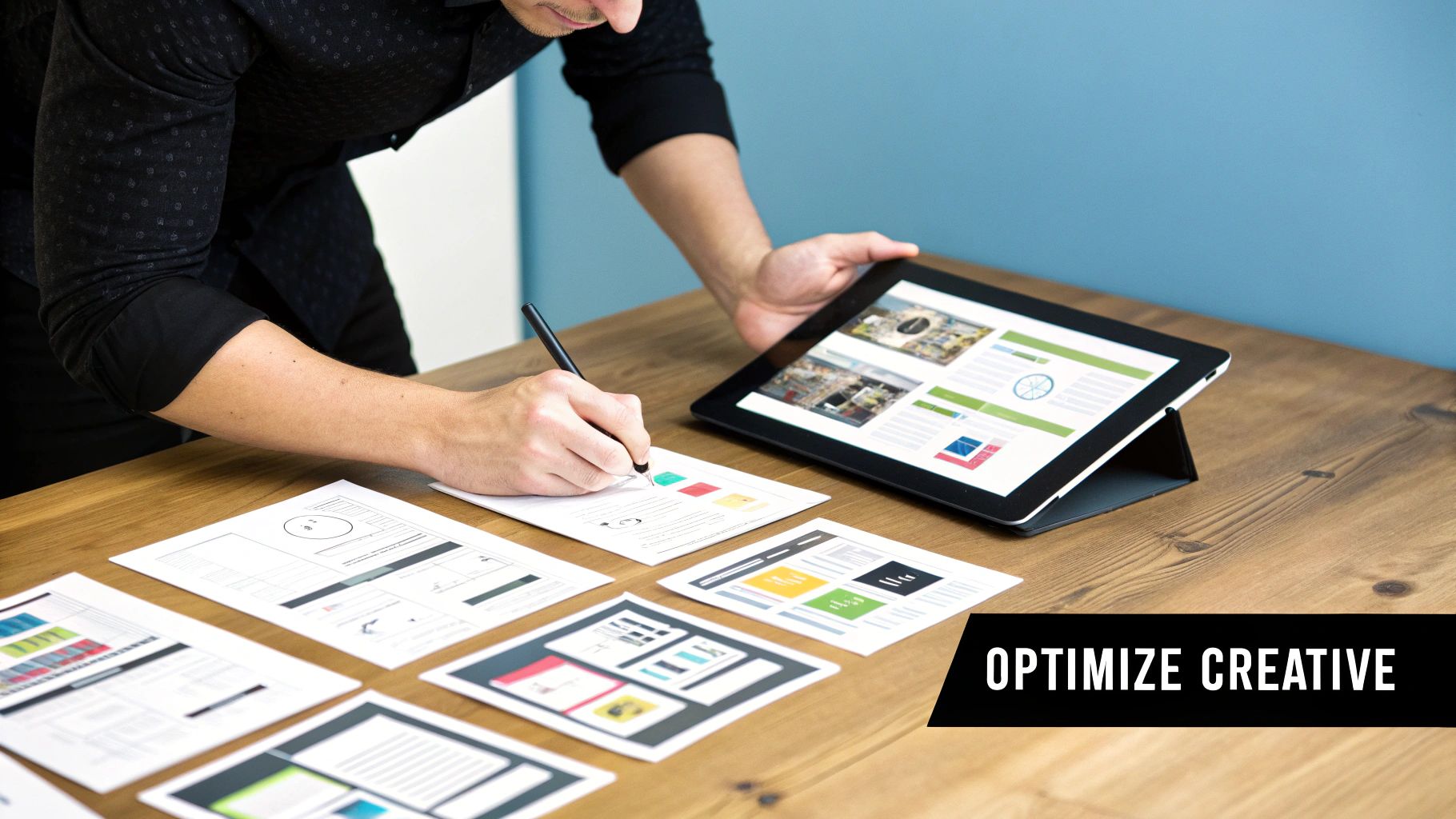 Person optimizes creative designs, reviewing documents and a tablet displaying analytics on a wooden desk.