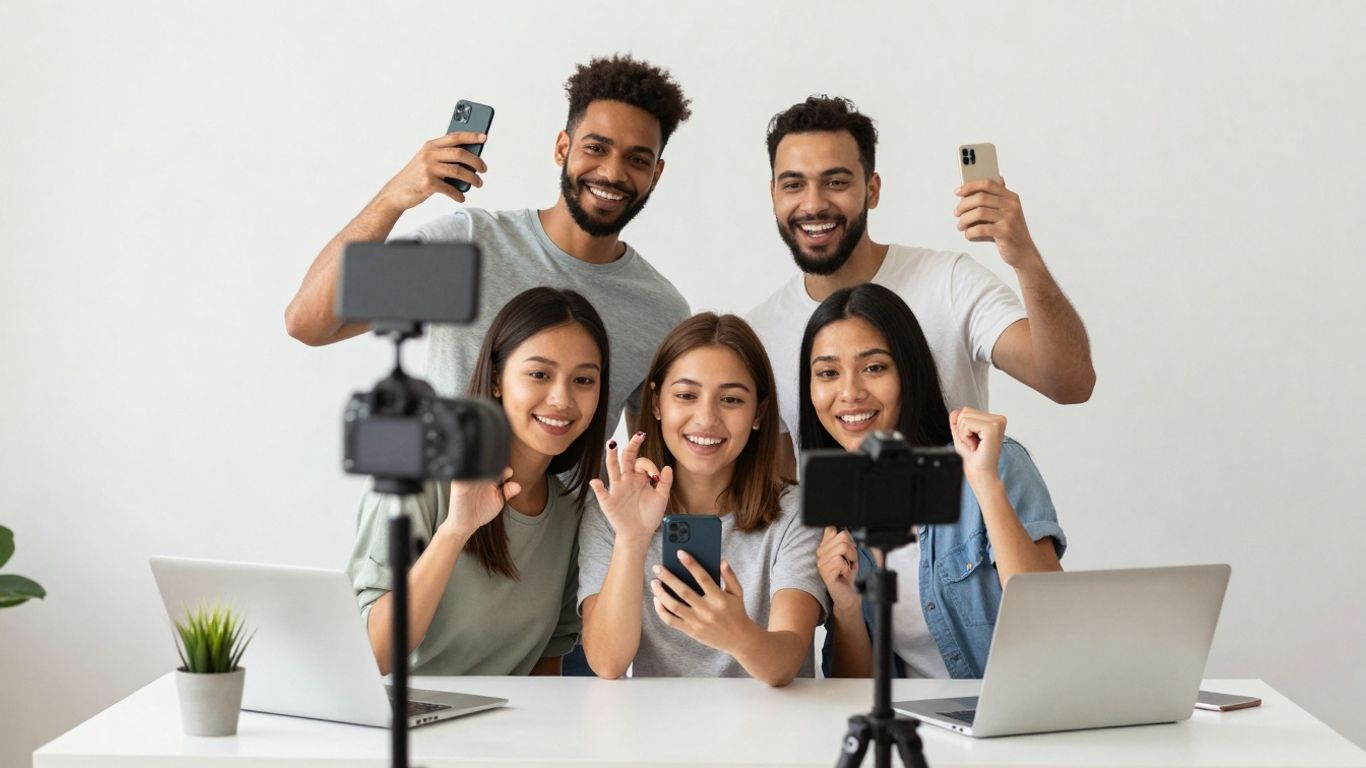 People filming authentic video content with smartphones and cameras.