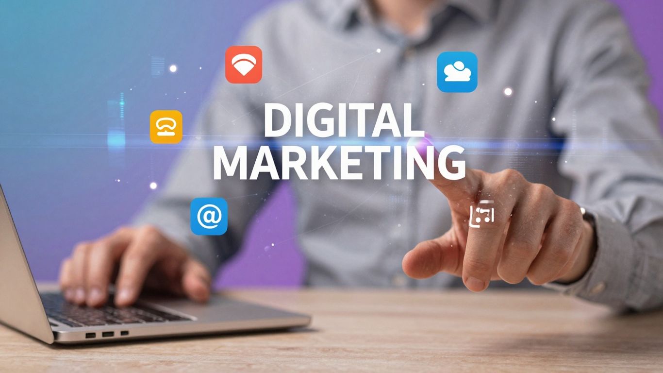 Abstract digital marketing concept with glowing social media elements.