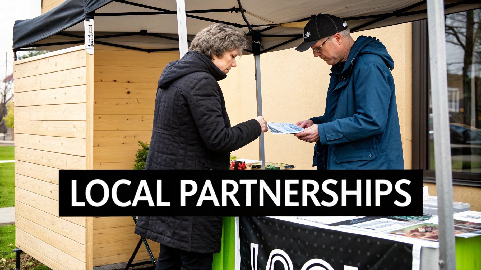 Two people exchanging brochures under a canopy tent, representing local partnerships at a community event.
