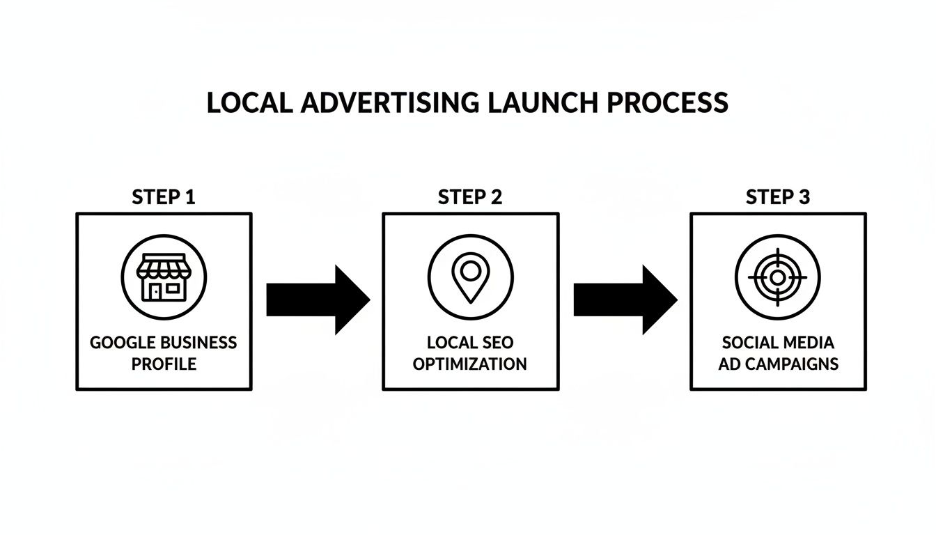 Flowchart detailing a local advertising launch process with steps: Google Business Profile, Local SEO, and Social Media Ads.