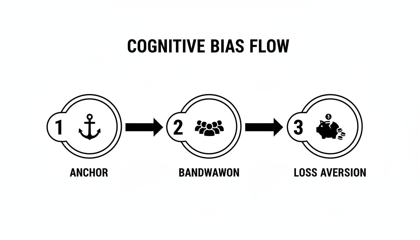 A flowchart illustrating the cognitive bias flow: Anchor, Bandwagon, and Loss Aversion.