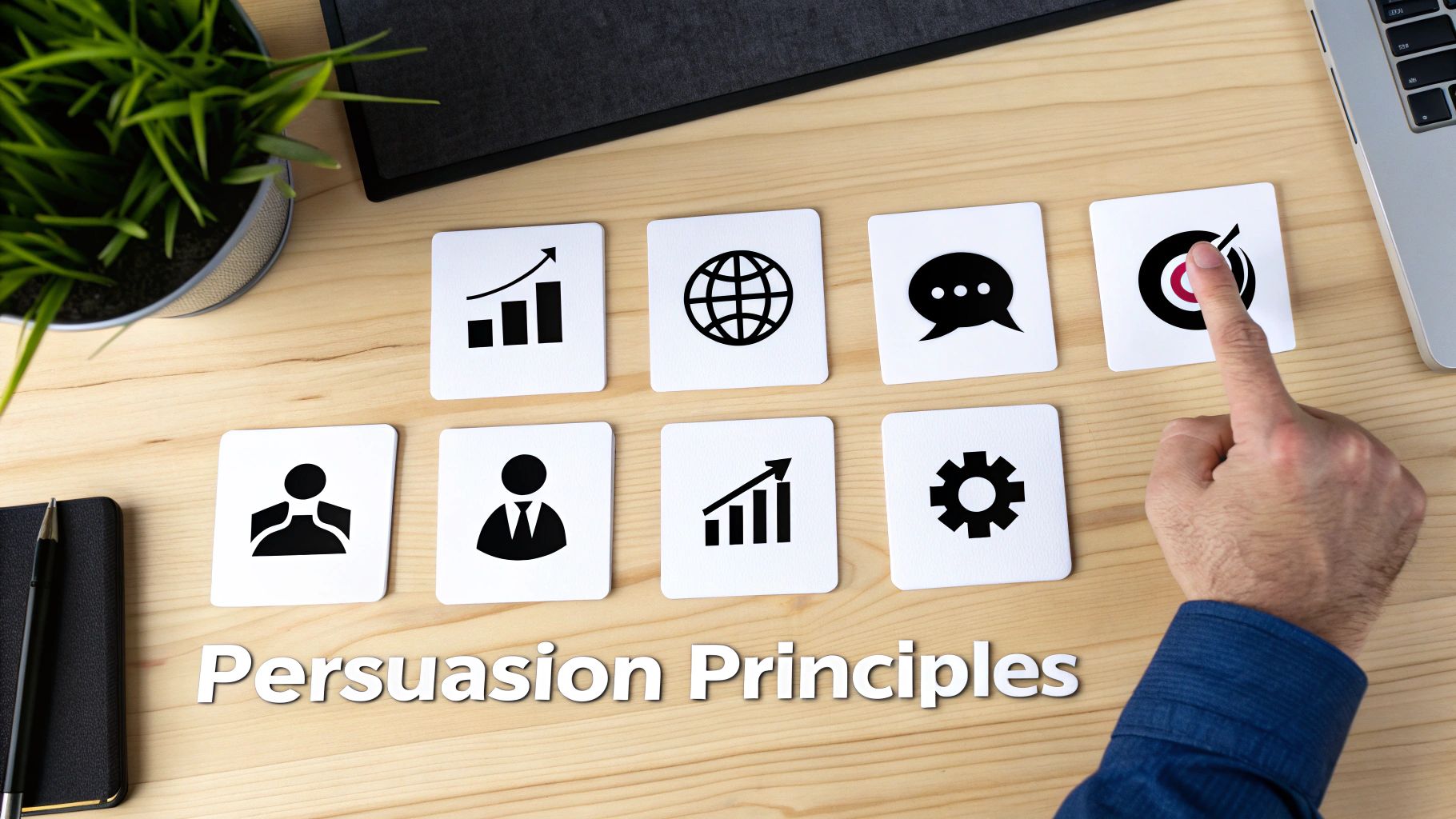 A hand points to a target icon among business principle cards on a wooden desk, labeled 'Persuasion Principles'.
