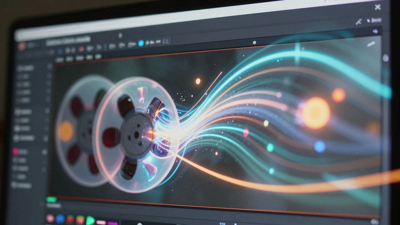 AI reel maker interface with flowing digital elements.