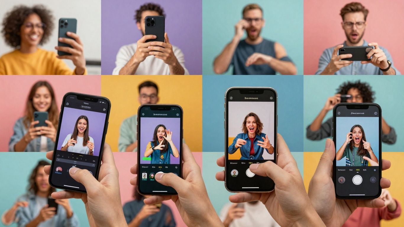 People creating short-form video content on smartphones.