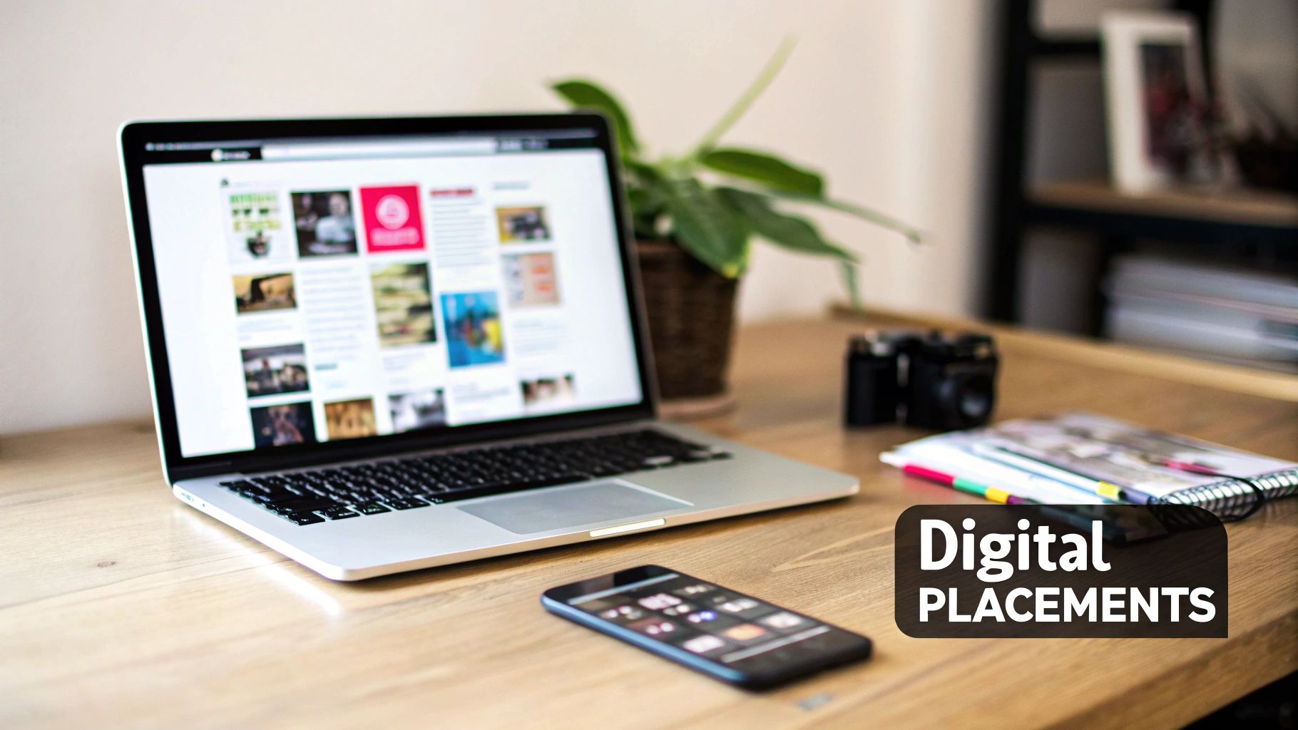 A laptop displaying digital content, a smartphone, camera, and 'Digital PLACEMENTS' text on a wooden desk.