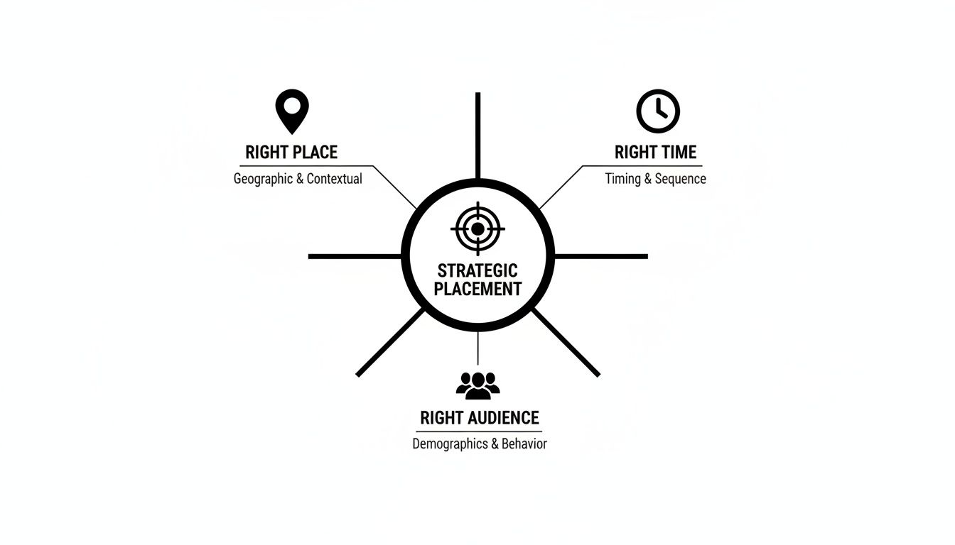 Diagram illustrating strategic placement, highlighting the right audience, place, and time for effective targeting.