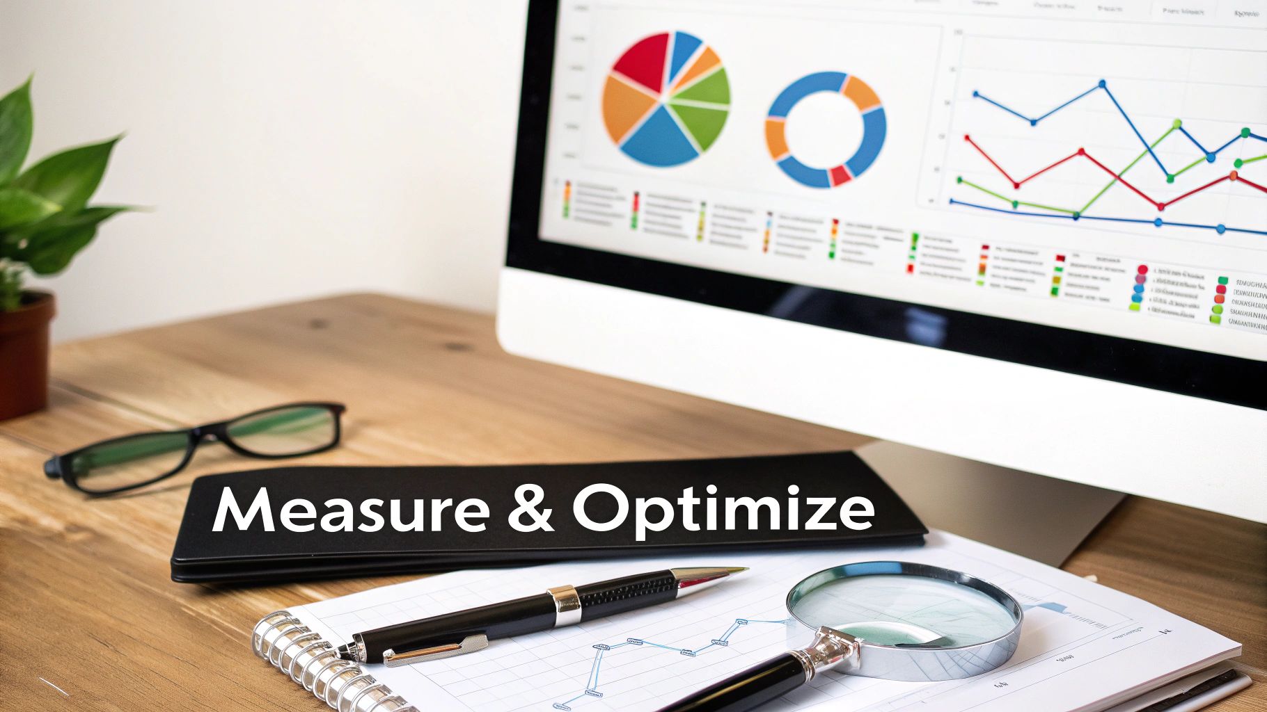 A desk with a computer displaying data charts, a plant, and a sign saying 'Measure & Optimize'.