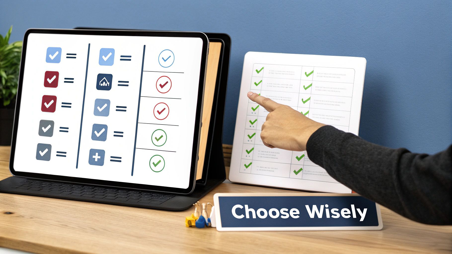 A hand points at a digital checklist on a tablet, next to another tablet and 'Choose Wisely' sign.