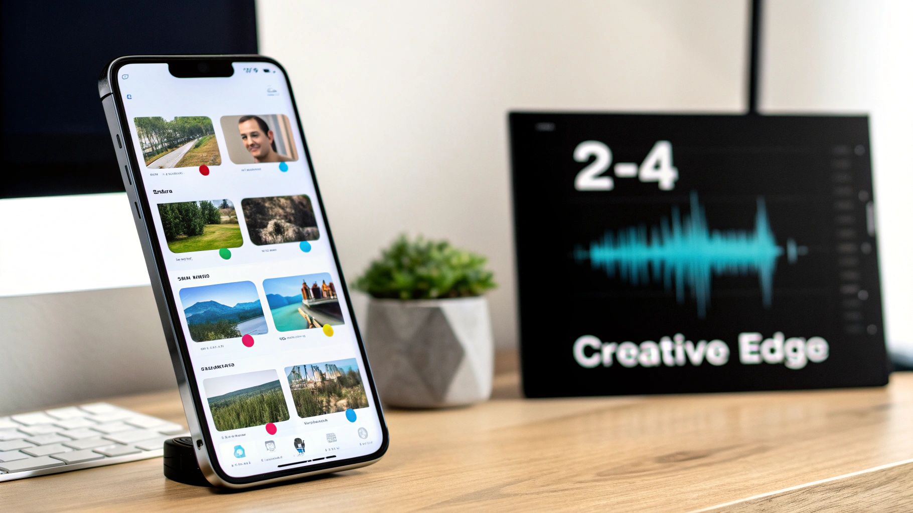 An iPhone displaying a creative content app on a wooden desk with a 'Creative Edge' display.