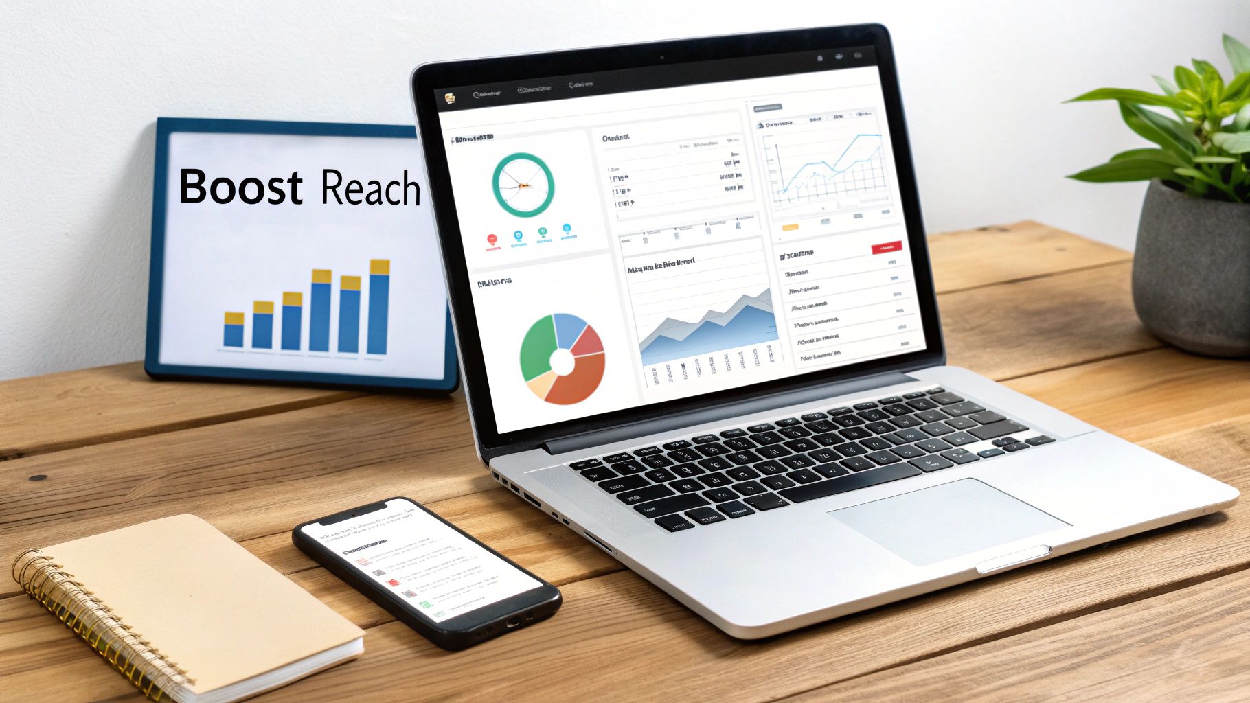 A laptop displaying business analytics dashboards, a smartphone, notebook, and 'Boost Reach' sign on a wooden desk.