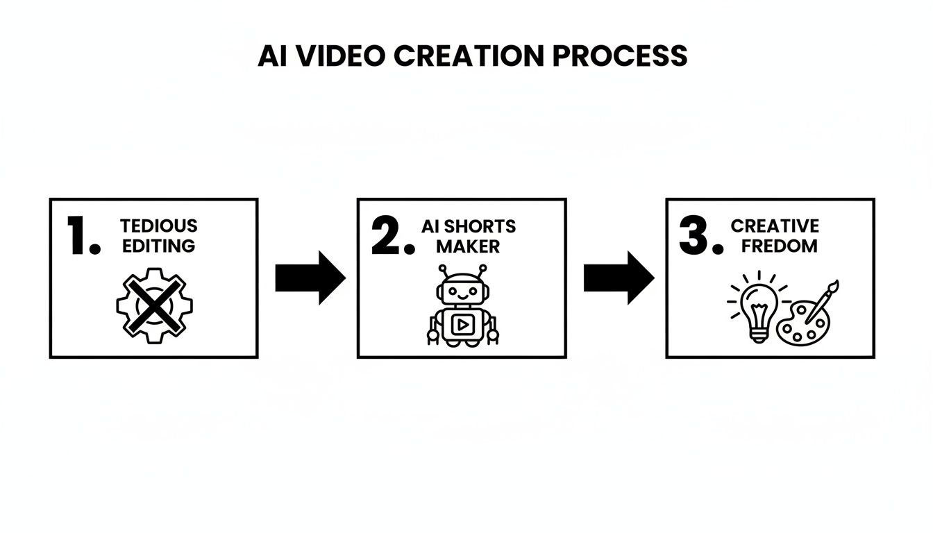 Diagram illustrating the AI video creation process, from tedious editing to creative freedom, powered by an AI shorts maker.