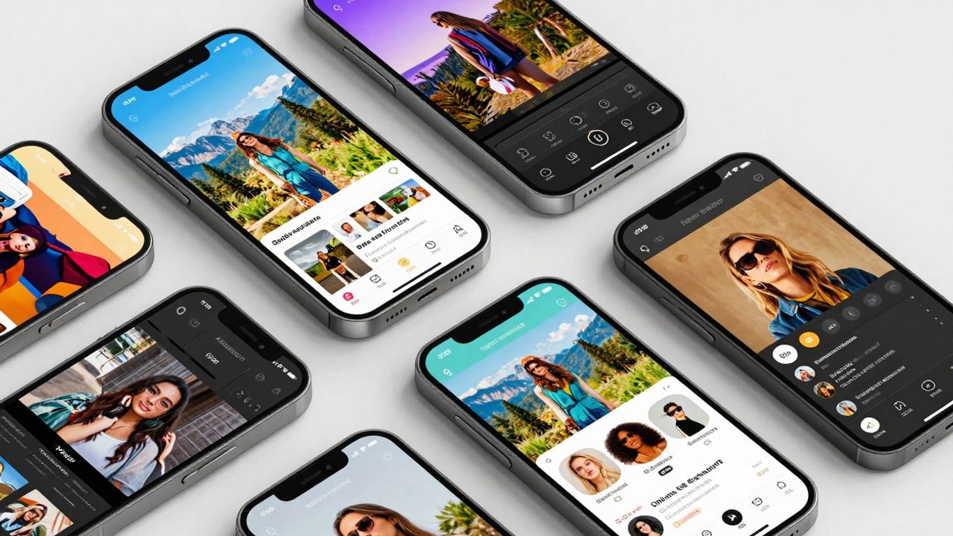 Smartphone screens showing video editing apps and clips.