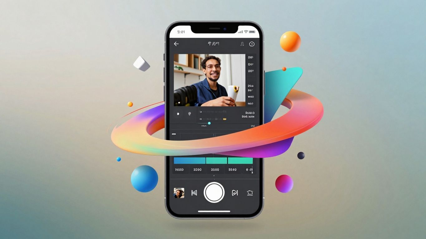 Filmora app interface on a smartphone with motion graphics.