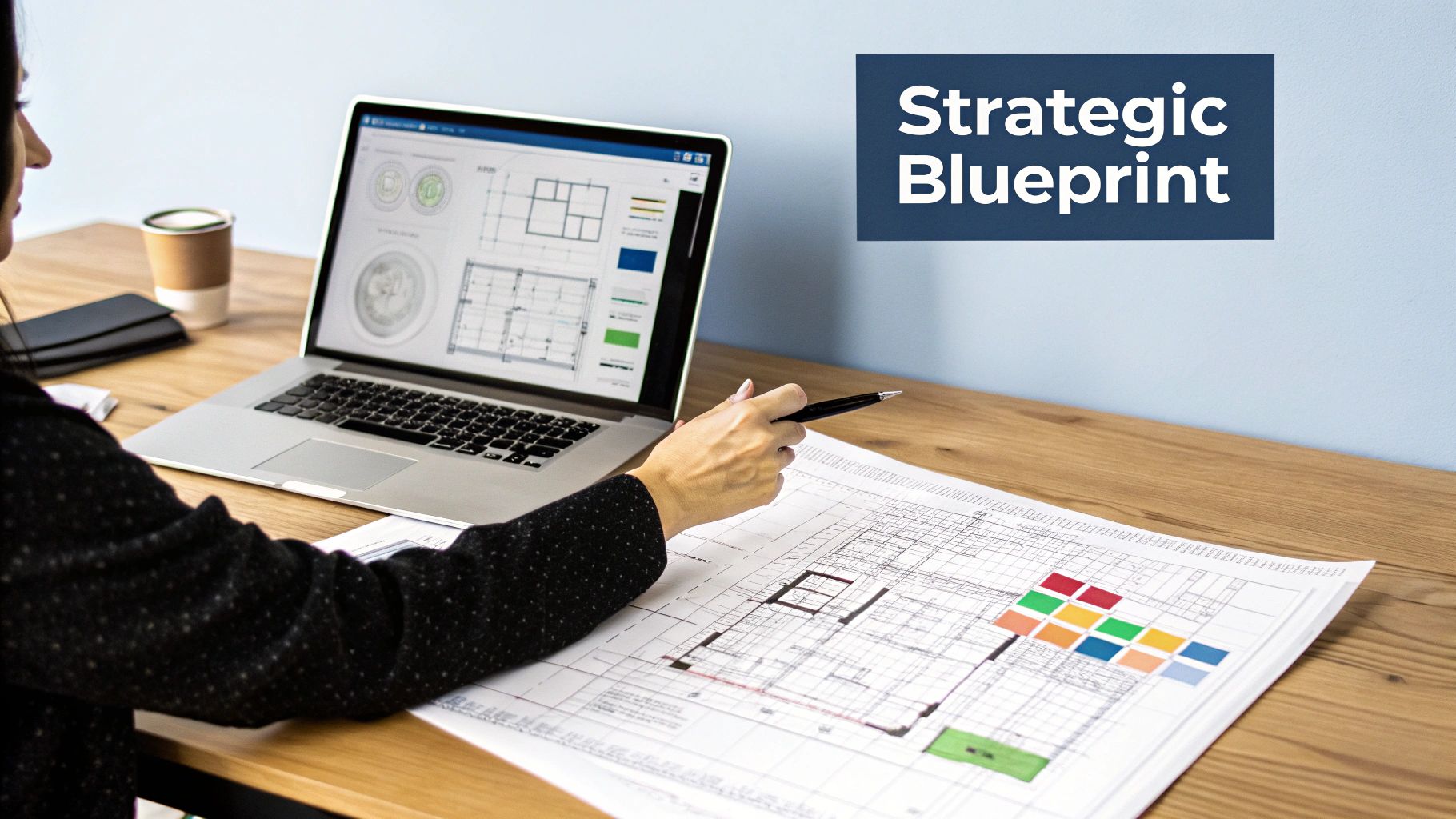 A person reviews architectural blueprints on a laptop and a large paper printout on a wooden desk.