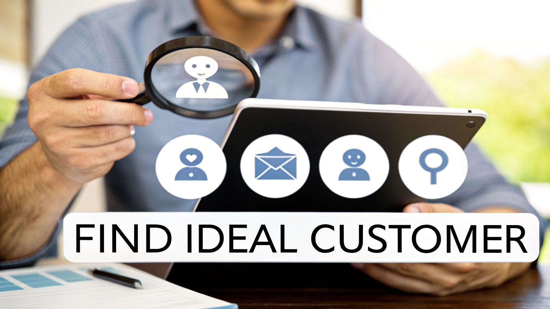 A person uses a magnifying glass over a tablet displaying icons and the text 'FIND IDEAL CUSTOMER'.