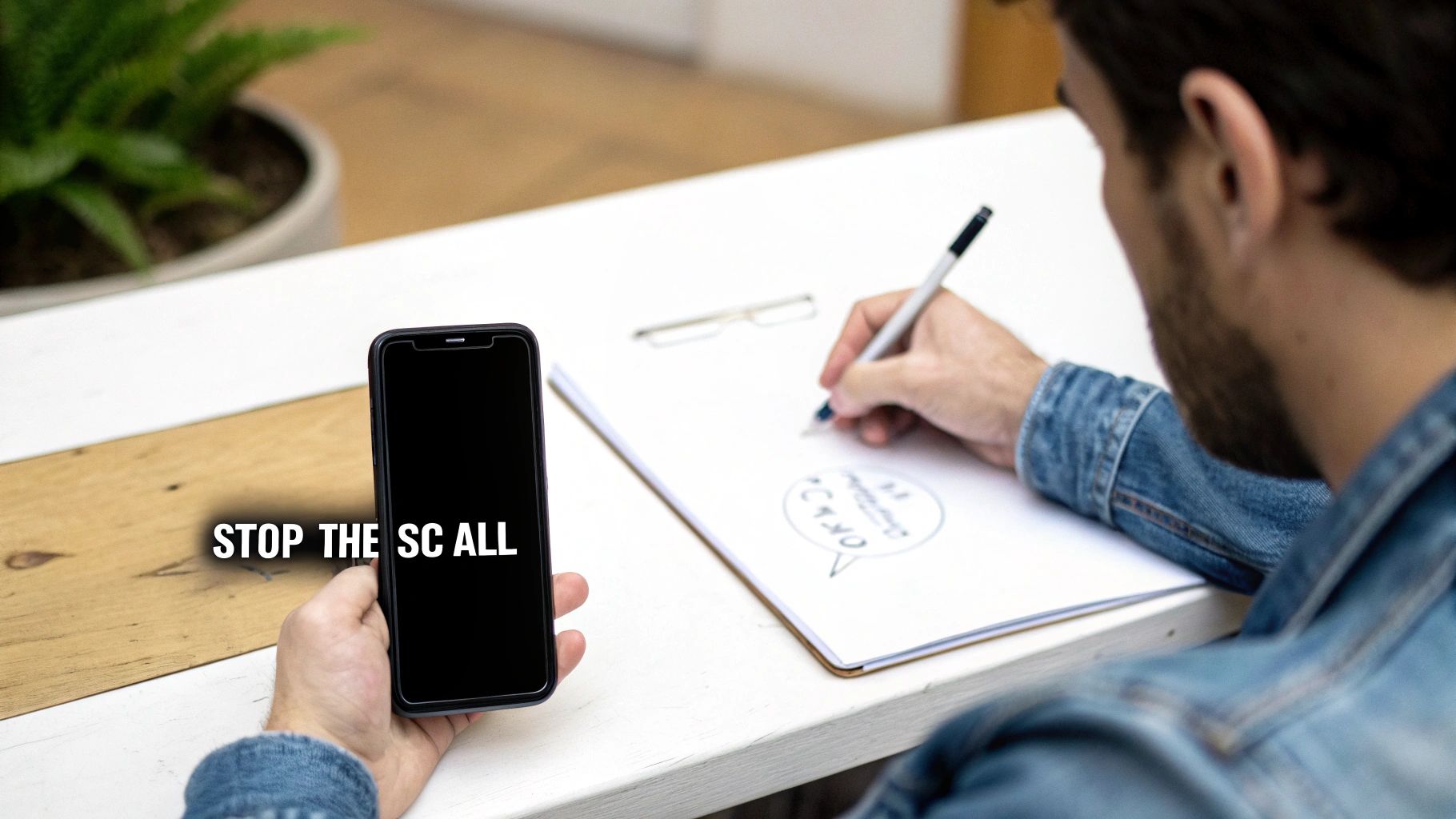 Person holding a smartphone displaying 'STOP THE SC ALL' while writing on a notepad.