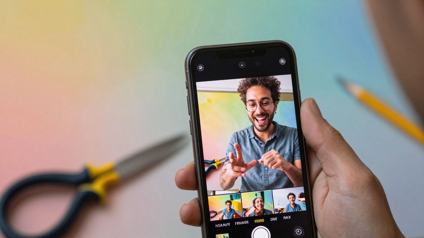 Smartphone displaying a video reel with creative background.