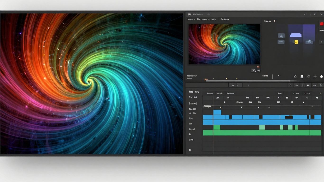 Adobe Premiere Pro interface with creative color swirls.