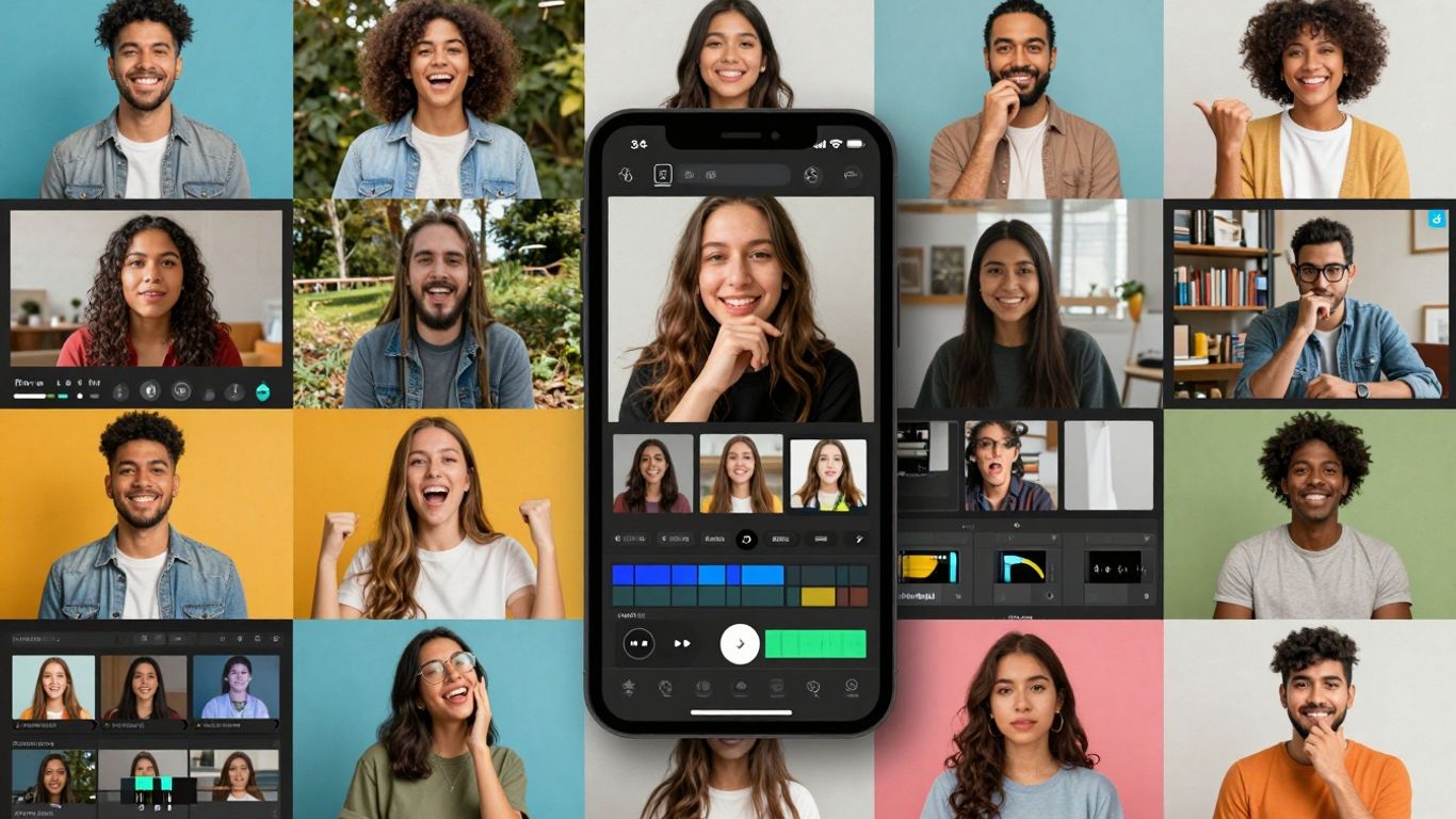 Collage of video clips and editing interfaces for reel making.