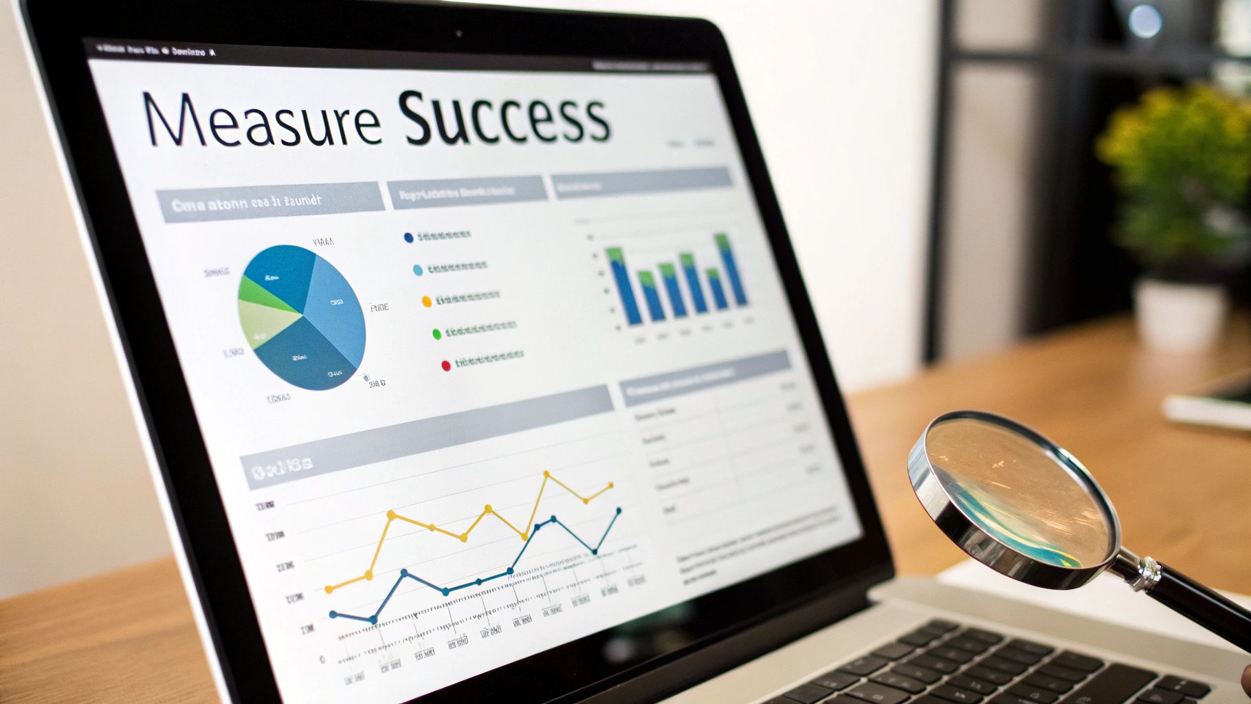 A laptop displays data analytics, charts, graphs, and the title 'Measure Success,' with a magnifying glass on the keyboard.