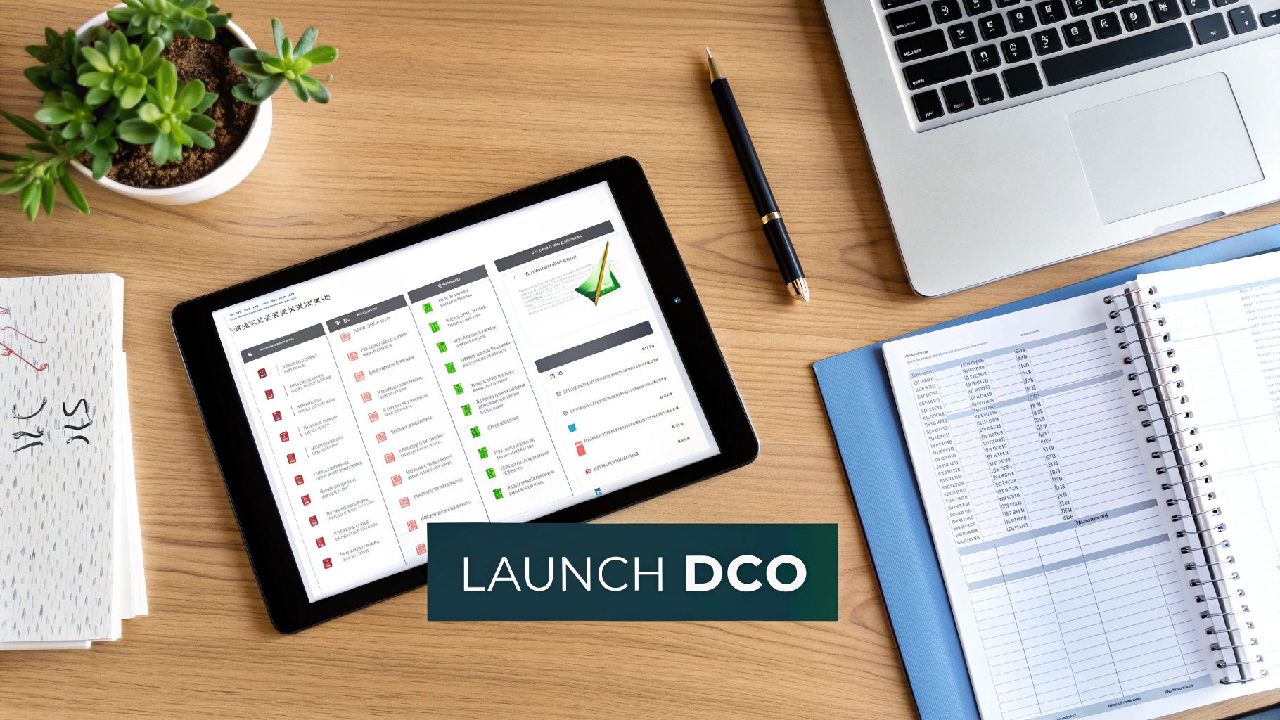 Overhead view of a modern office desk with a tablet displaying a checklist and 'Launch DCO' text.