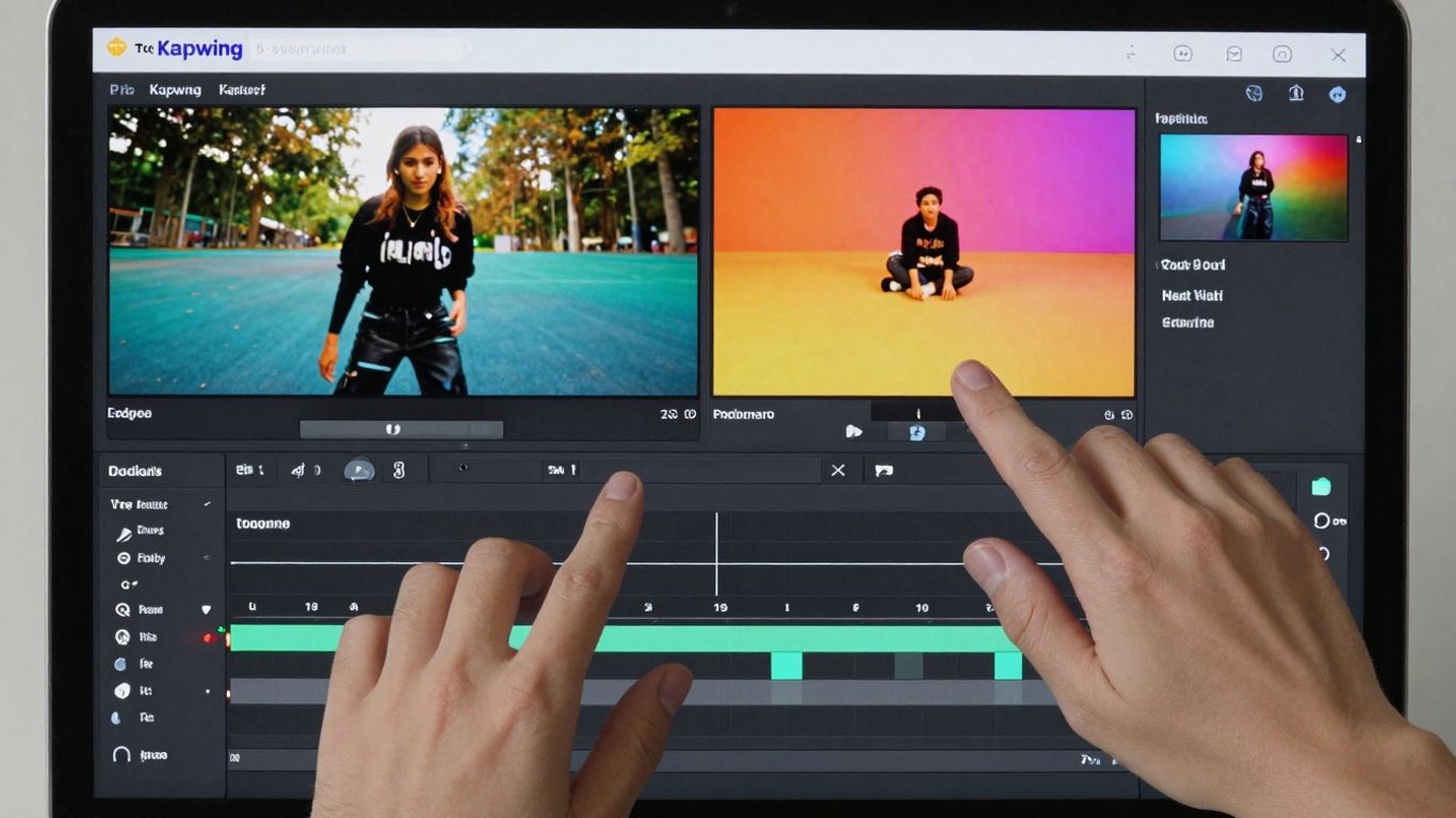 Kapwing interface with video editing tools and clips.