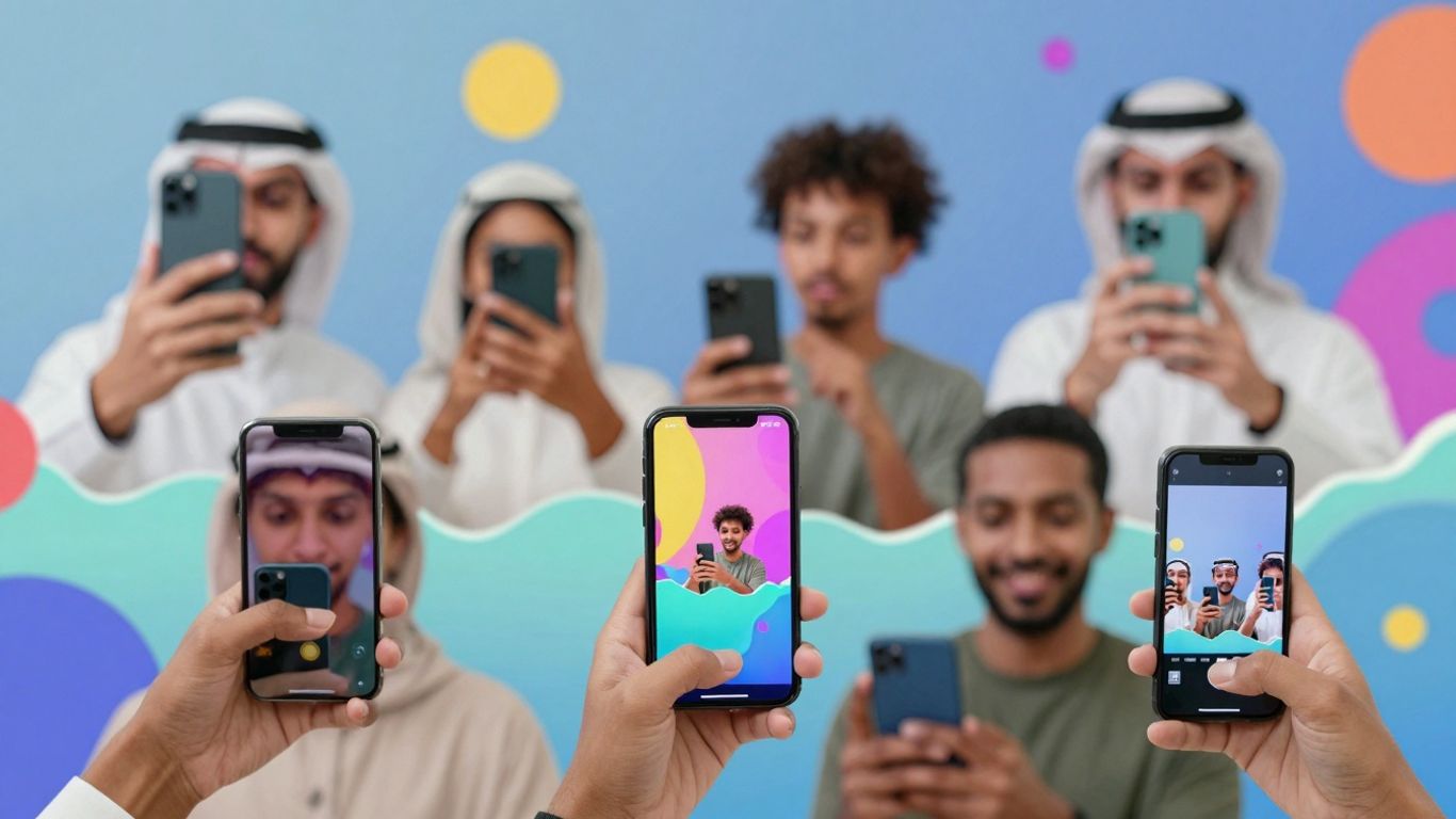 People creating videos on phones with colorful backgrounds.