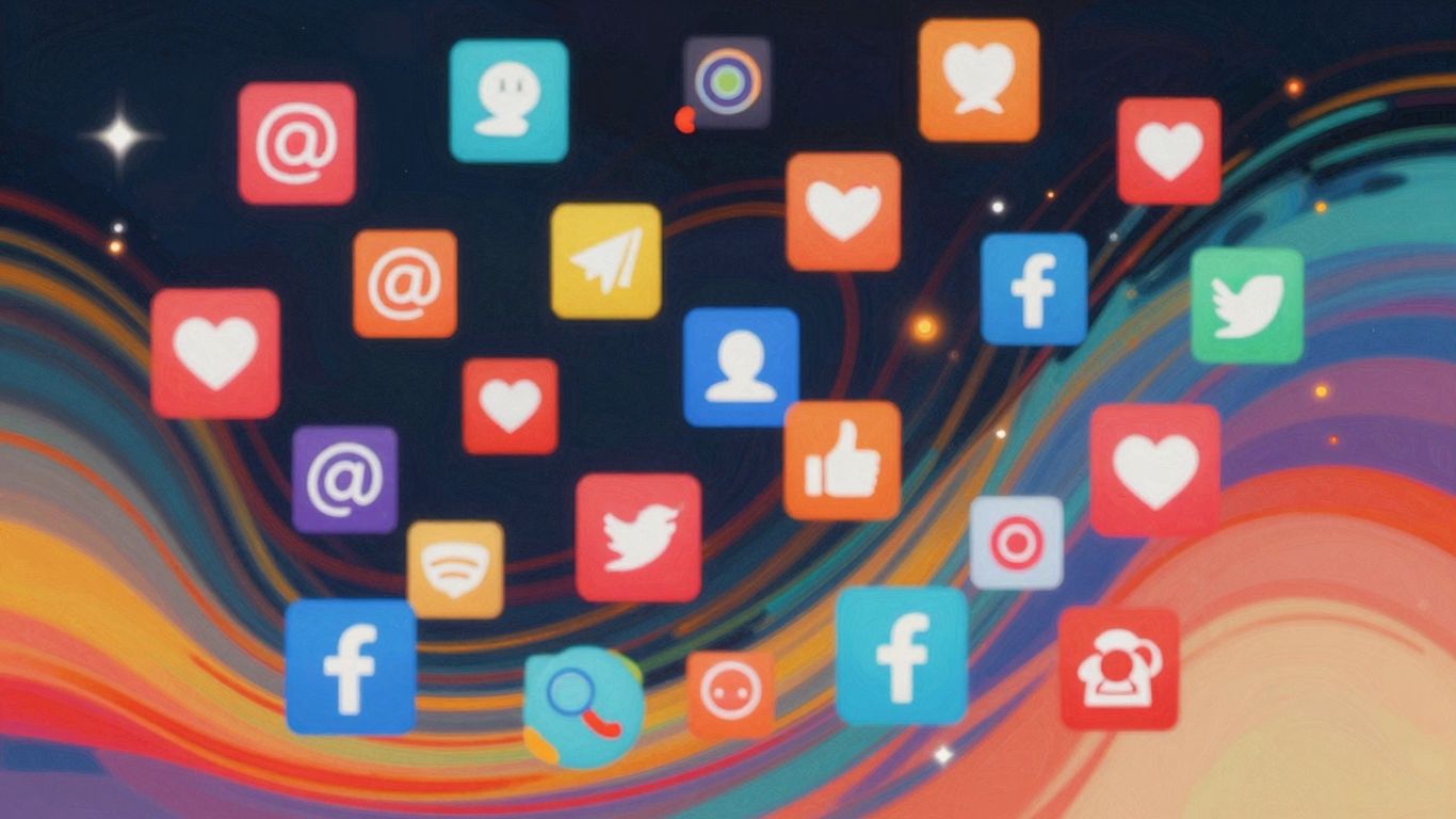 Abstract visual of social media icons and vibrant patterns.