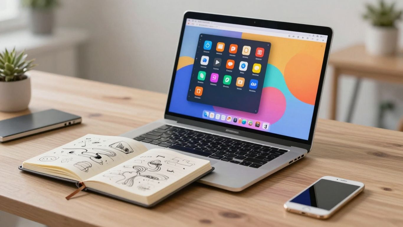 Creative workspace with laptop and notebook