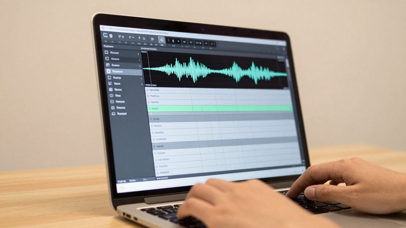 Laptop screen with audio waveform and transcription software.