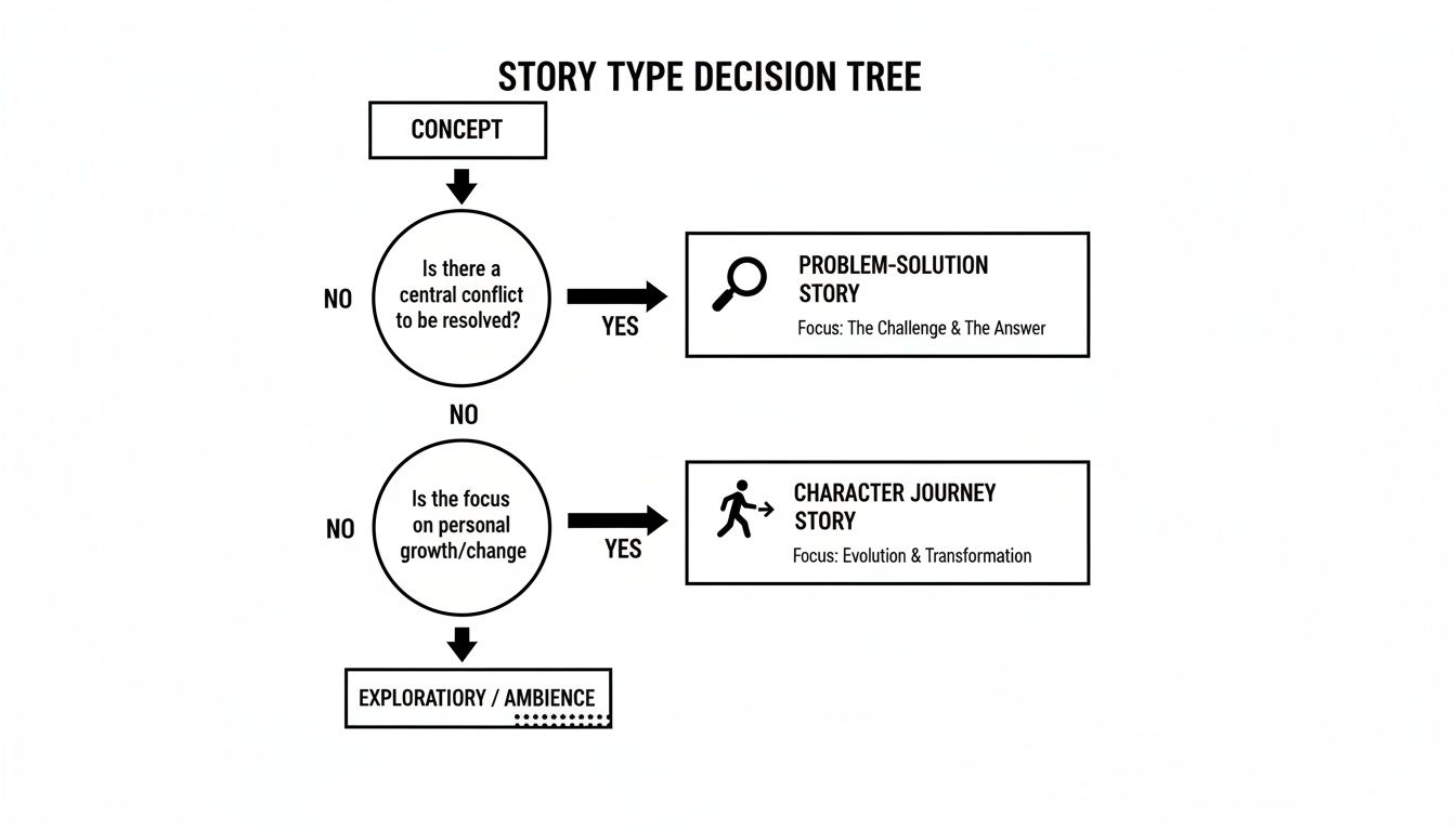 A story type decision tree flowchart, guiding story creation based on conflict and character growth.