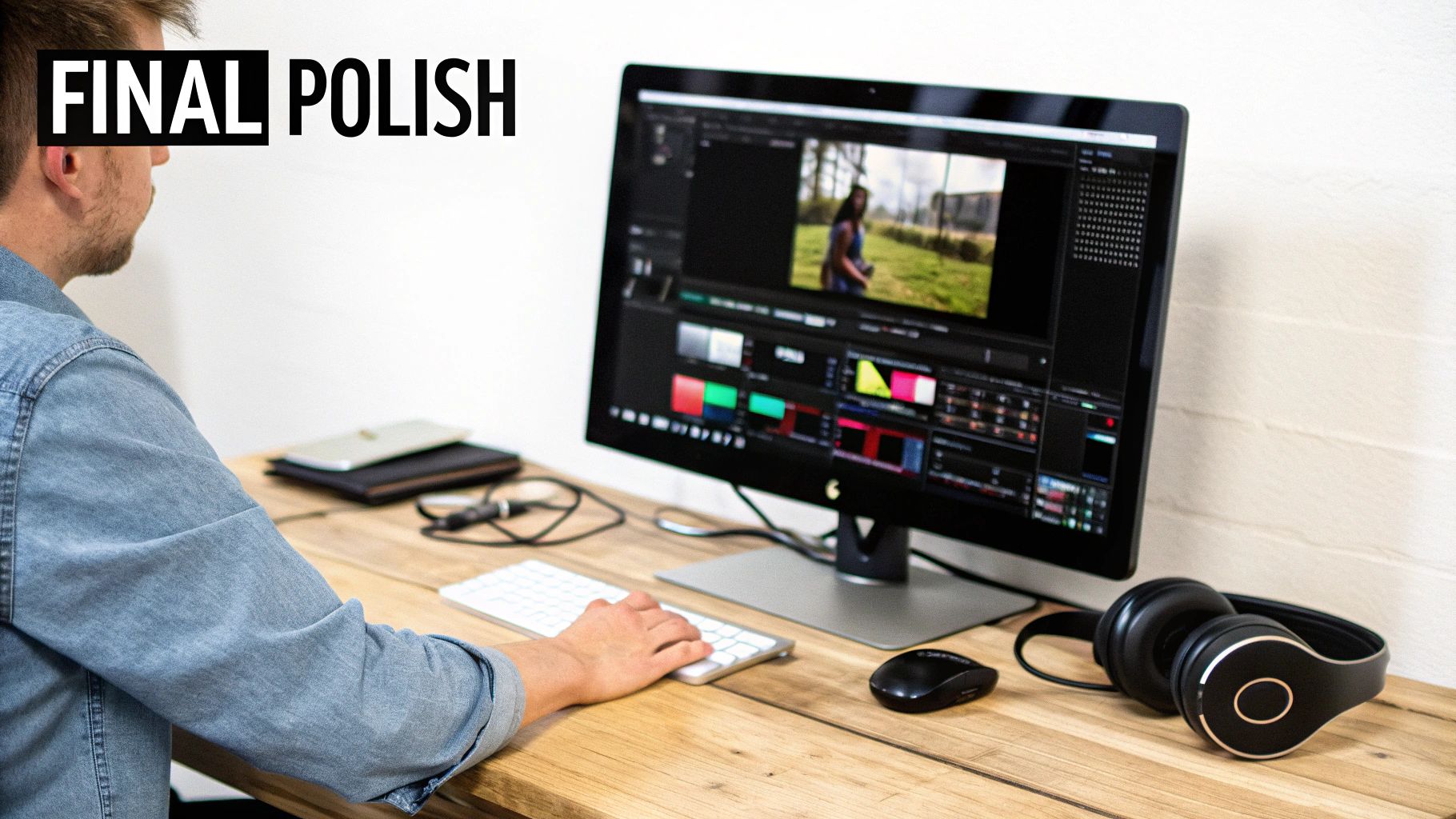 A person editing video on a computer with headphones, keyboard, and mouse on a wooden desk.