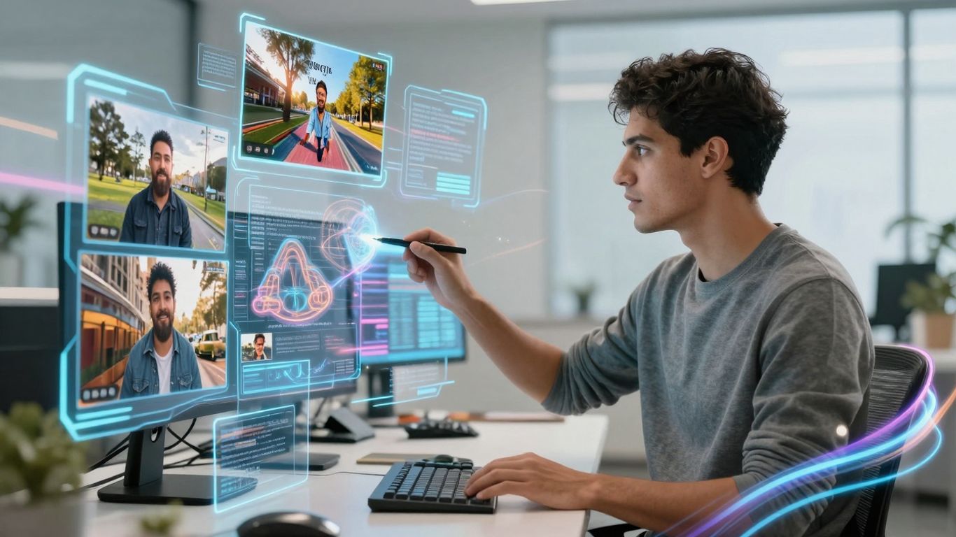 AI script to video tool interface and footage montage.