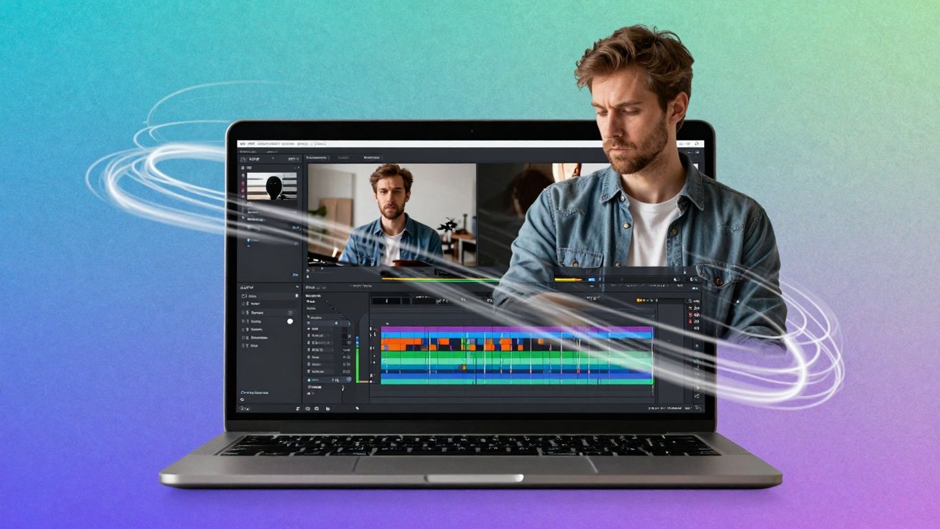 AI script to video tool interface on laptop screen.