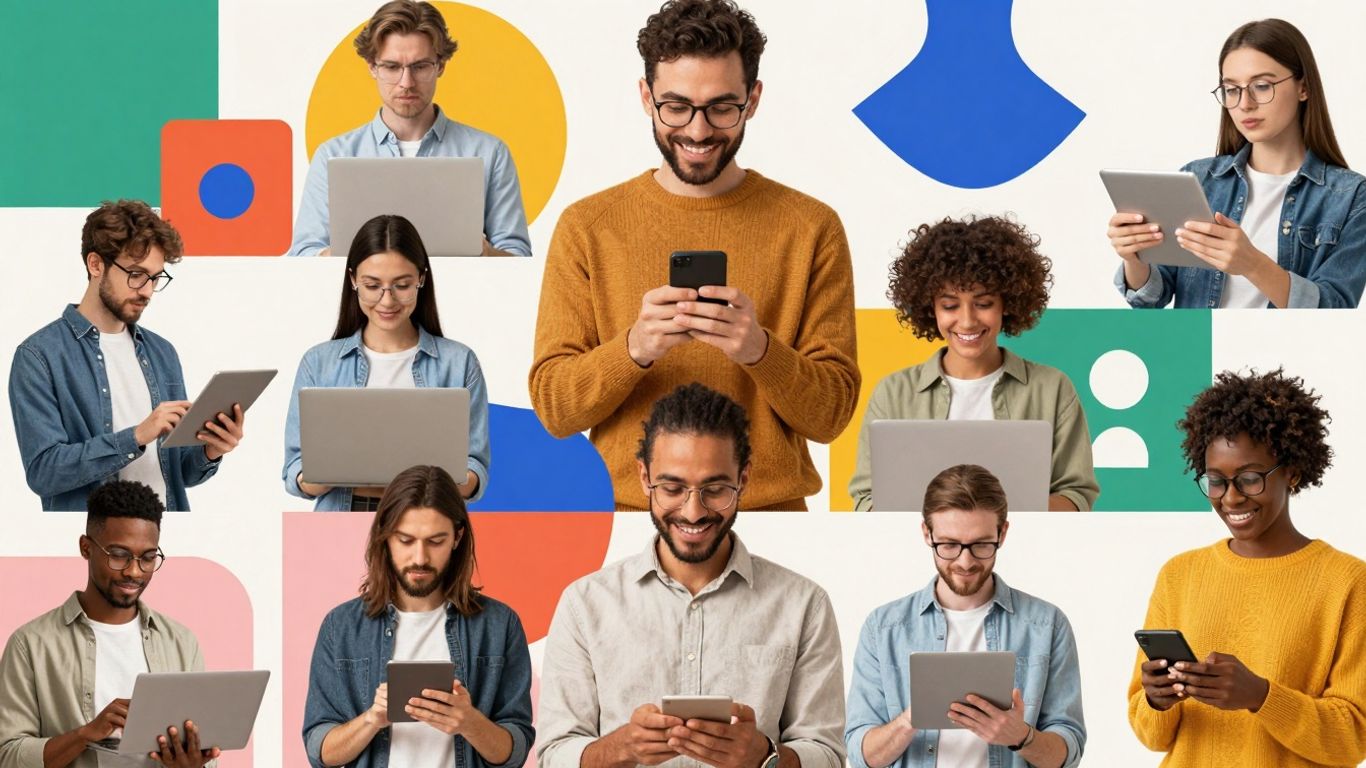 Diverse people interacting with creative technology interfaces.