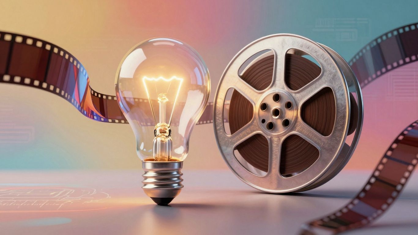 Lightbulb turning into film reel with digital streams
