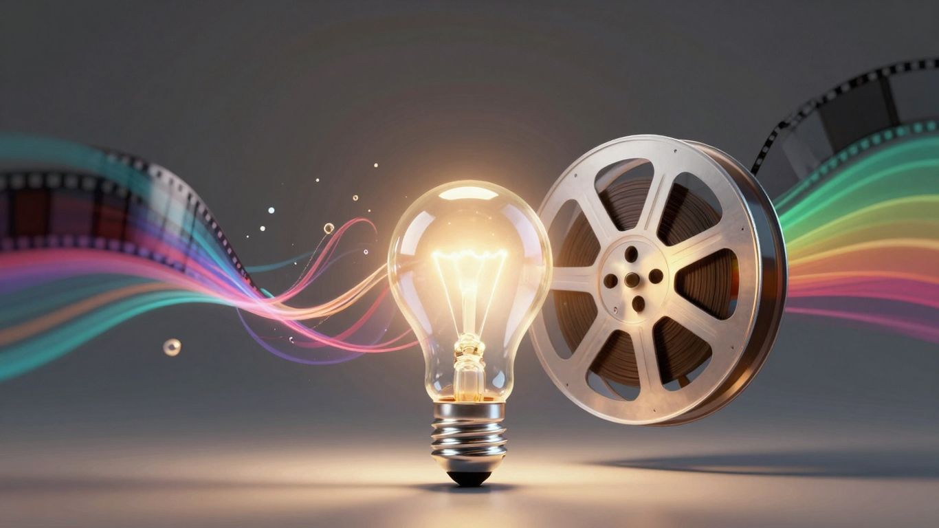 Lightbulb transforming into film reel, digital streams, color gradients.