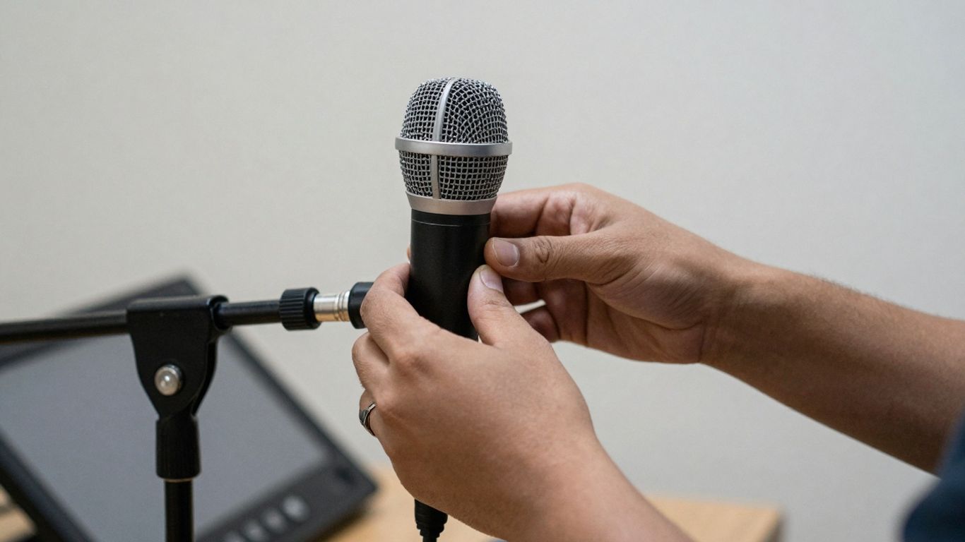 Hands adjusting a microphone for audio recording.