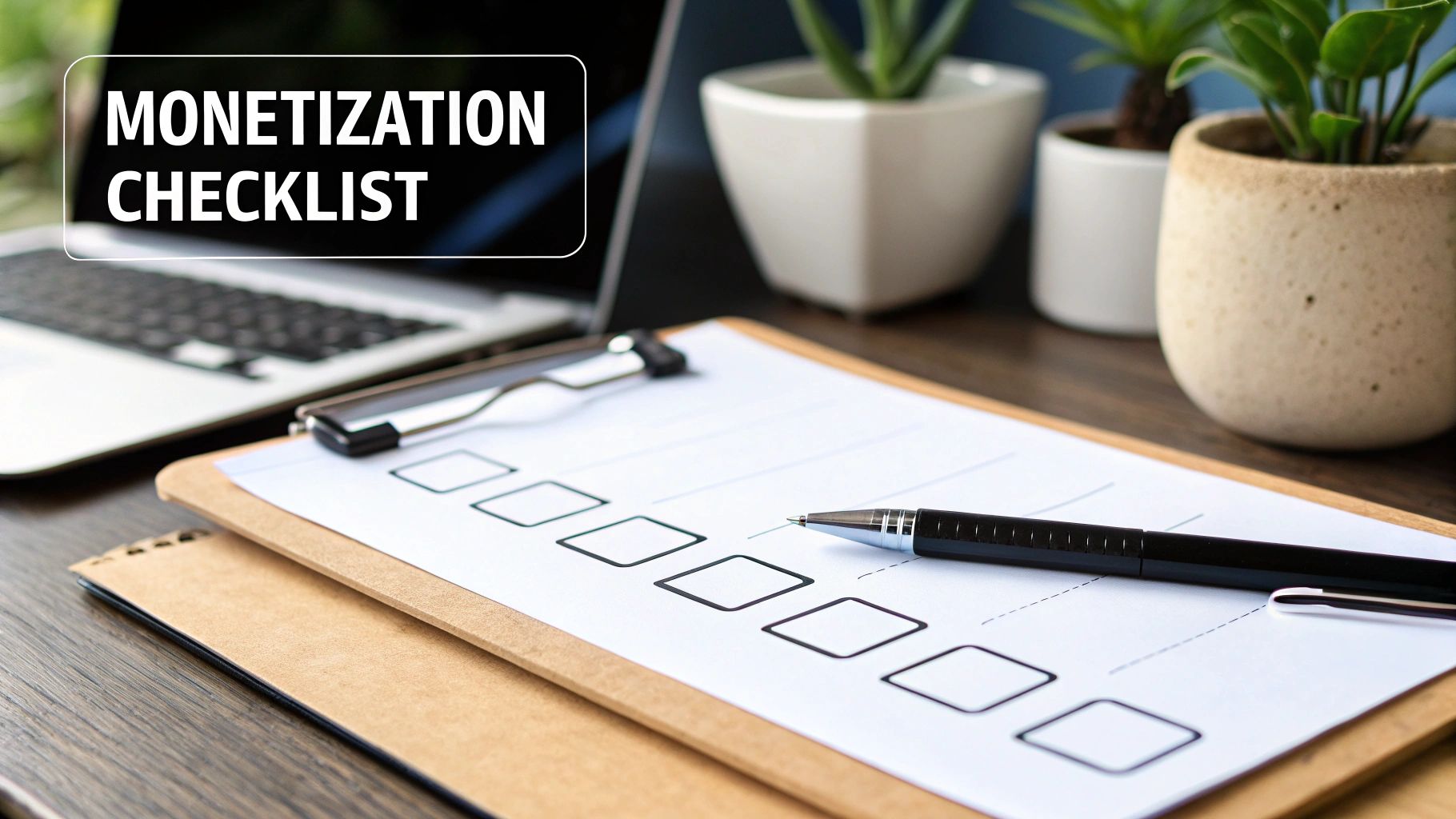 A close-up of a 'Monetization Checklist' on a clipboard with a pen, laptop, and plants.