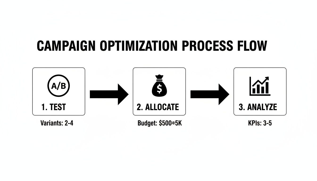 A campaign optimization process flow diagram detailing steps for testing, allocating, and analyzing.