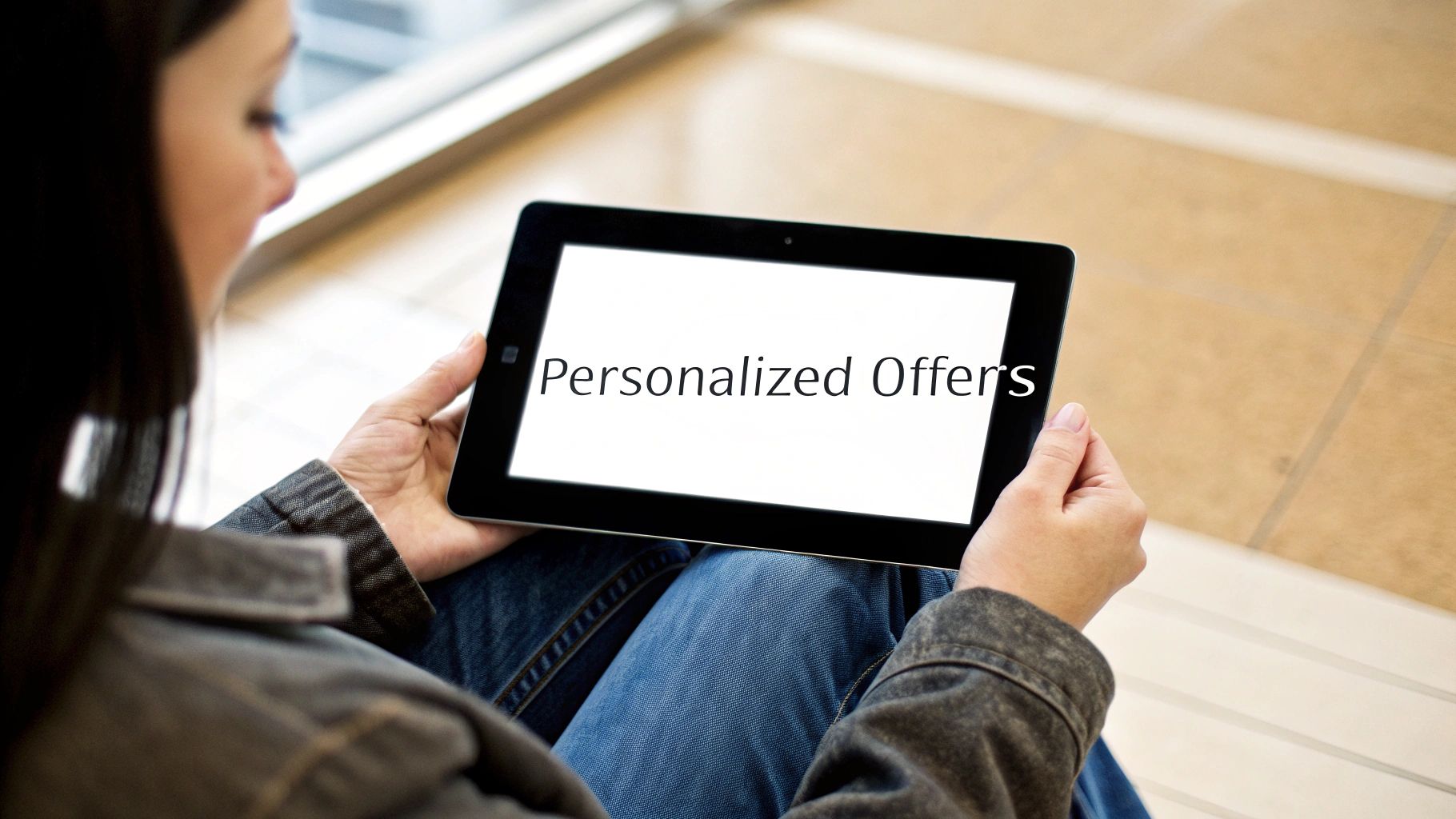 A person holding a tablet displaying the text 'Personalized Offers' on its bright screen, focusing on digital marketing.