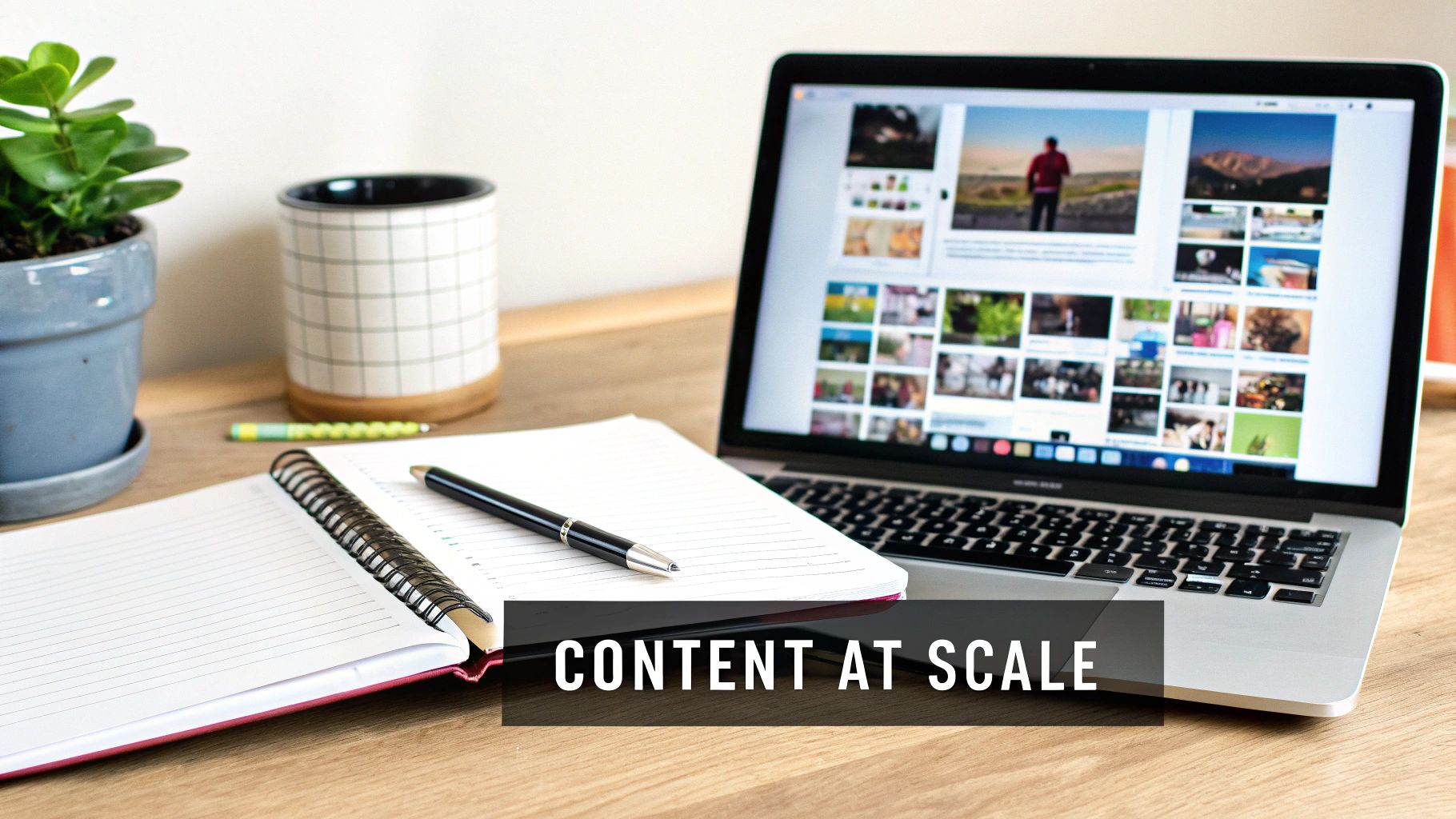 A modern workspace with a laptop displaying various images, an open notebook, pen, plant, and mug.