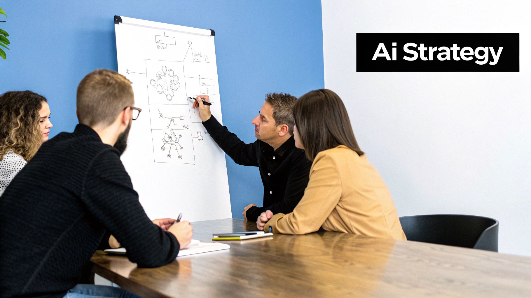 Four people collaborating around a table, one man drawing an AI strategy flowchart on a whiteboard.
